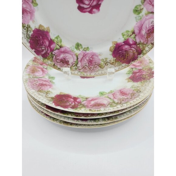 Antique 1920-1933 Stanowitz Striegau Rose Porcelain Salad Plates Set Of 5 - Picture 2 of 12
